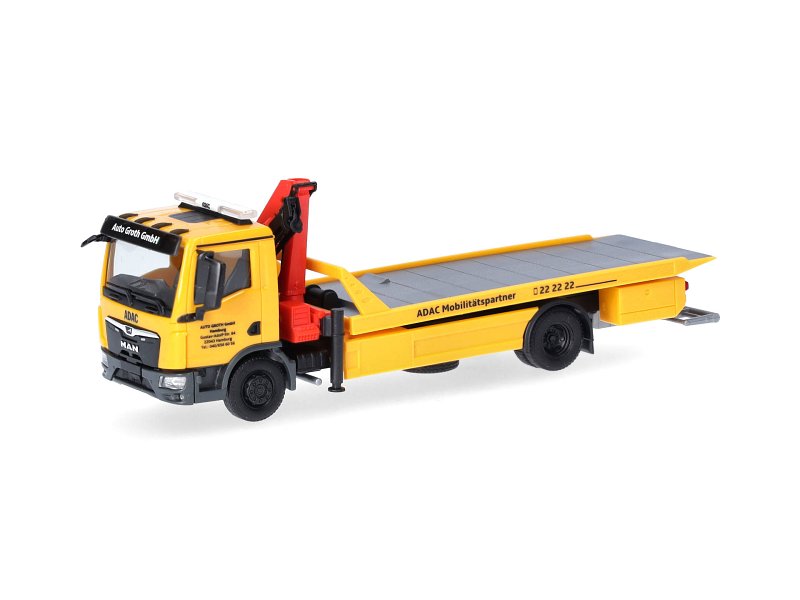 Herpa H0 MAN TGM Plateau-Abschleppfahrzeug ADAC / Auto Groth 318679